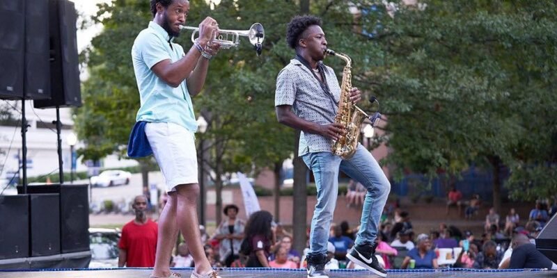 Jazz in the Park stage with musicians in Huntsville, Alabama